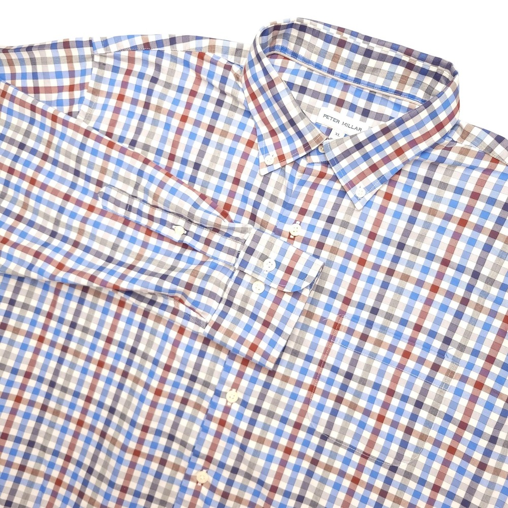Peter Millar Shirt Mens XL Blue Check Long Sleeve Button Down Stretch Nylon
